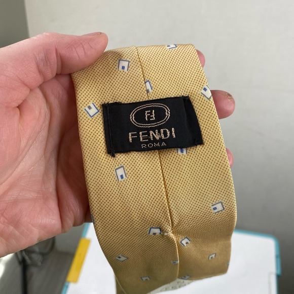 Vintage Fendi Gold With White Blue Square Print 100% Silk Neck Tie - Picture 2 of 5